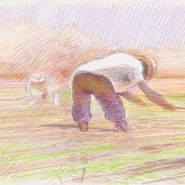 Spanish farmers (1984), colour pencil on paper, 50x70cm